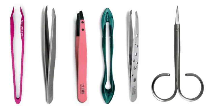 Rubis tweezers and scissors in pink, black, red, green and steel