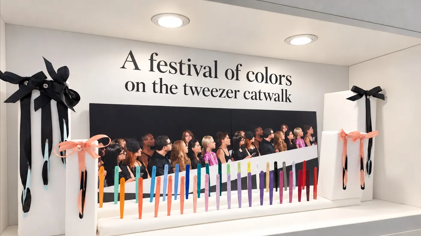 A wall of colourful Rubis tweezers in a shop window